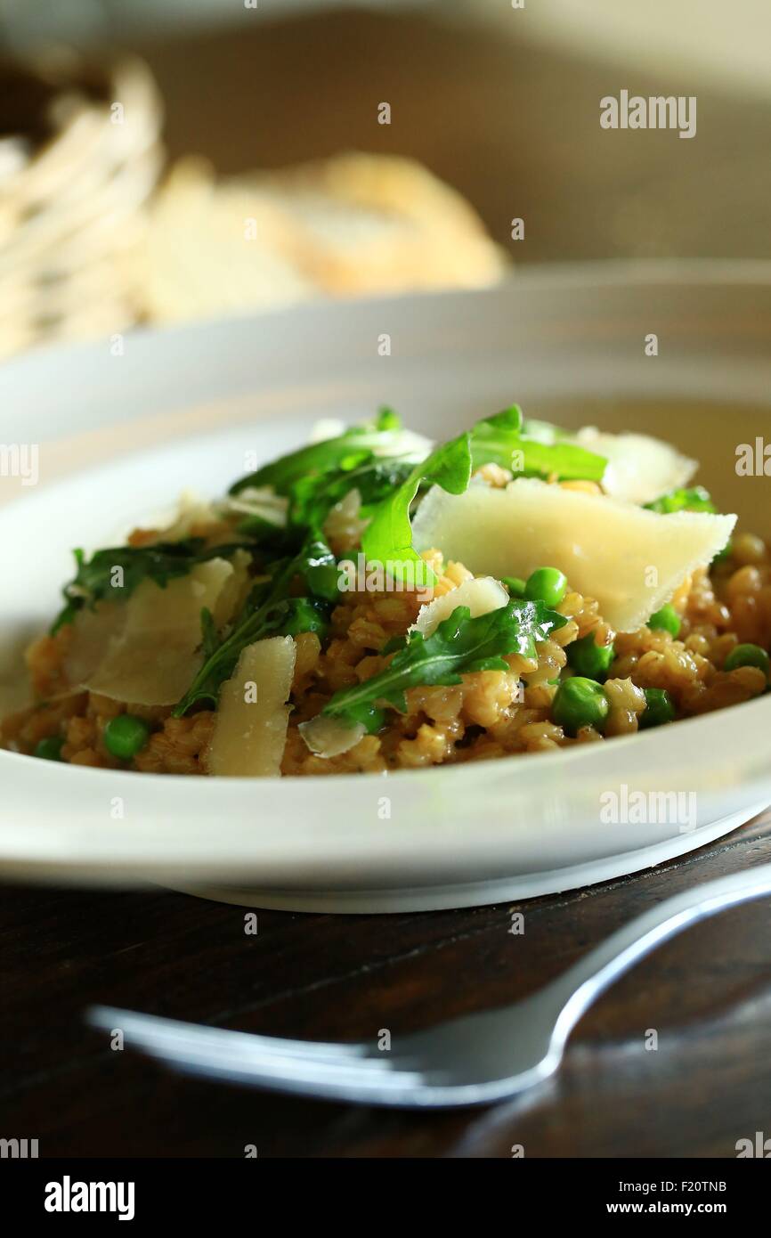 France, Vaucluse, Crillon le Brave Hotel Crillon Le Brave, small spelled from Sault Risotto with peas, arugula and Parmesan by Chef Jerome Blanchet Stock Photo