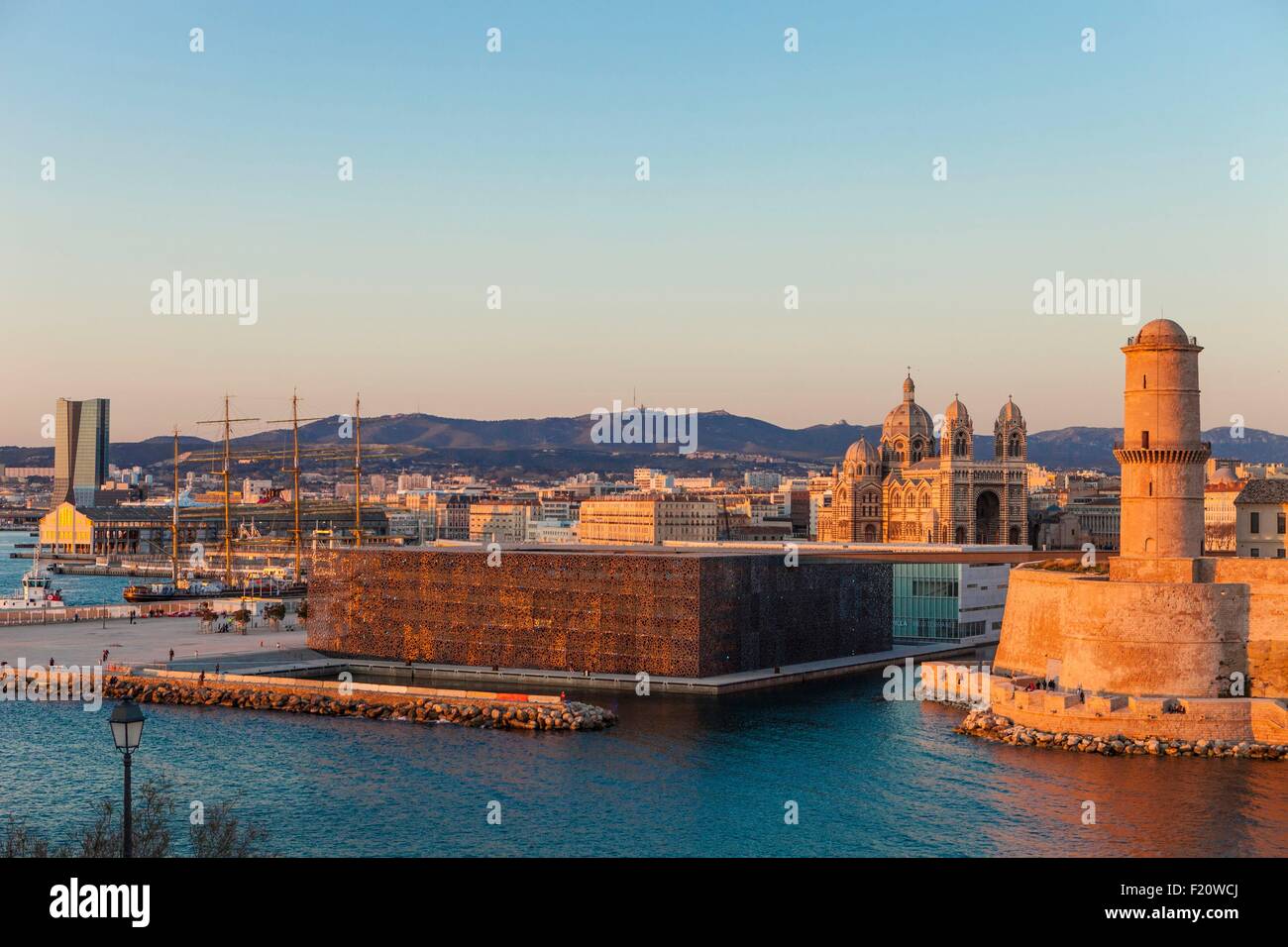 France, Bouches du Rhone, Marseille, the mole J4, MuCEM (Museum of European and Mediterranean Civilisations) by architect Rudy Ricciotti and the Fort Saint Jean, the Cathedral of the Major, CMA CGM tower by architect Zaha Hadid Stock Photo