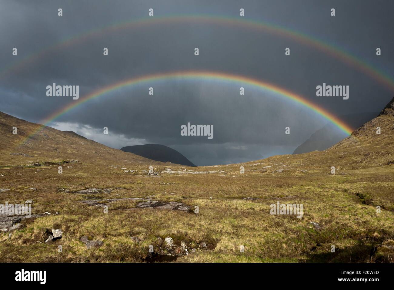 United Kingdom, Scotland, Glencoe valley, double rainbows Stock Photo
