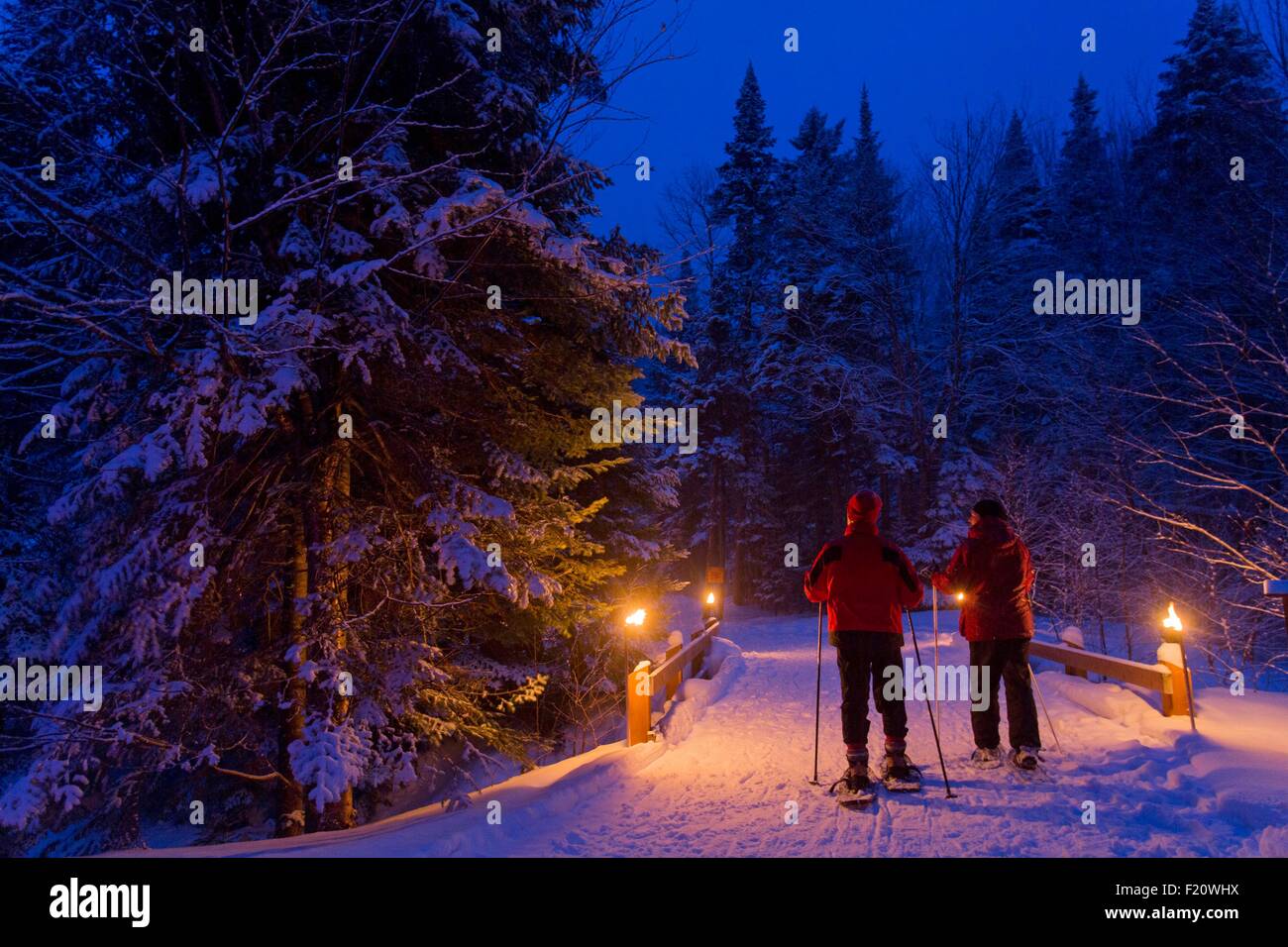 Canada, Quebec province, Eastern Townships or Estrie, Parc national du Mont Megantic, the Astrolab, snowshoe hiking in the light of torches Stock Photo