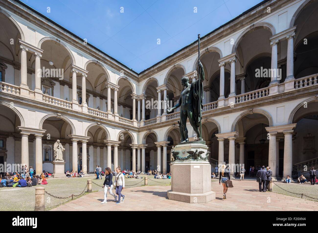 Italy, Lombardy, Milan, the courtyard of Brera Pinacoteca, fine Arts Museum, in the middle the statue of Napoleon by Antonio Canova Stock Photo