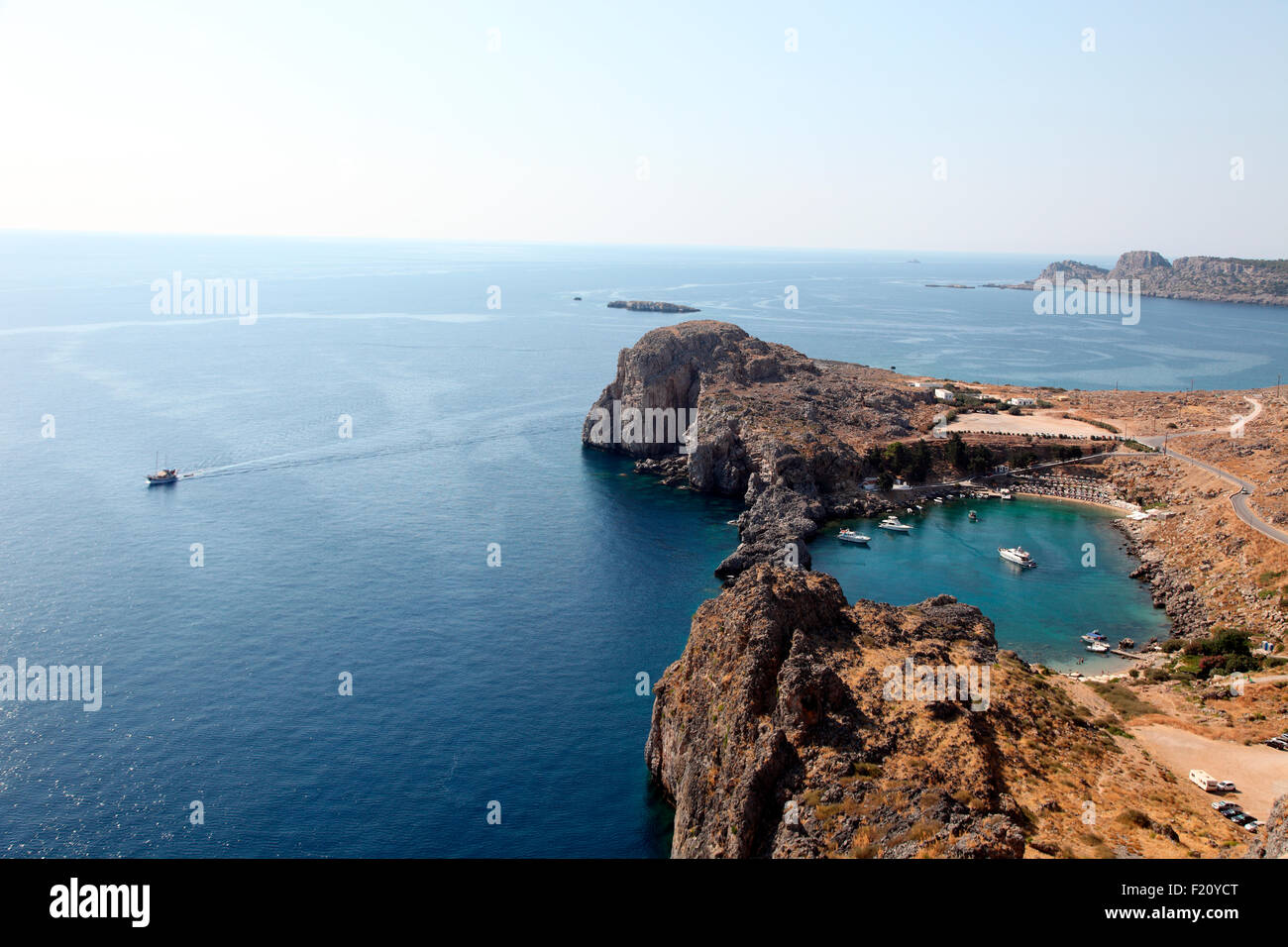 St Paul's Bay seen from the Acropolis, Lindos Stock Photo