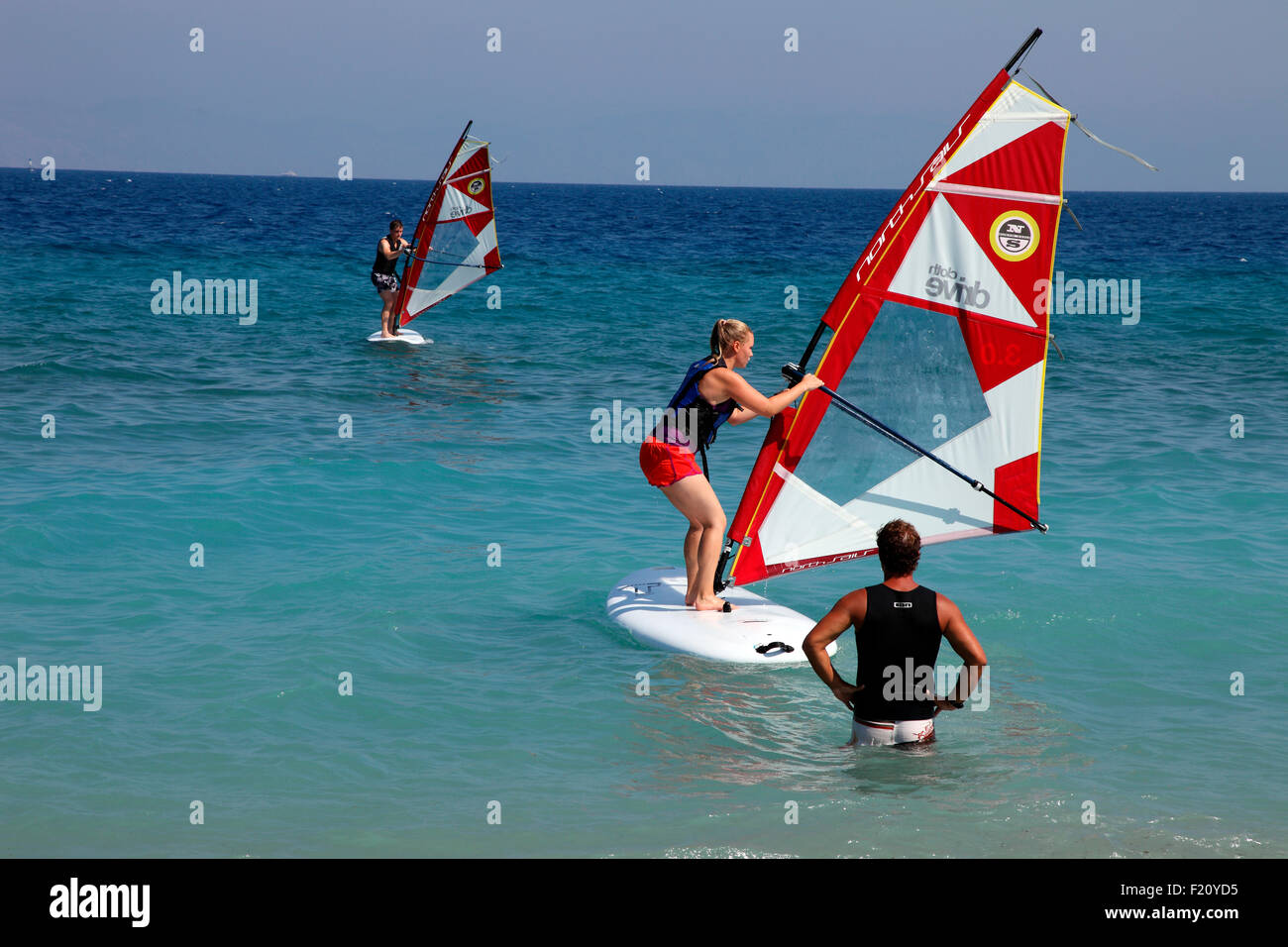Windsurfer instruction at Ialyssos Bay Rhodes Stock Photo