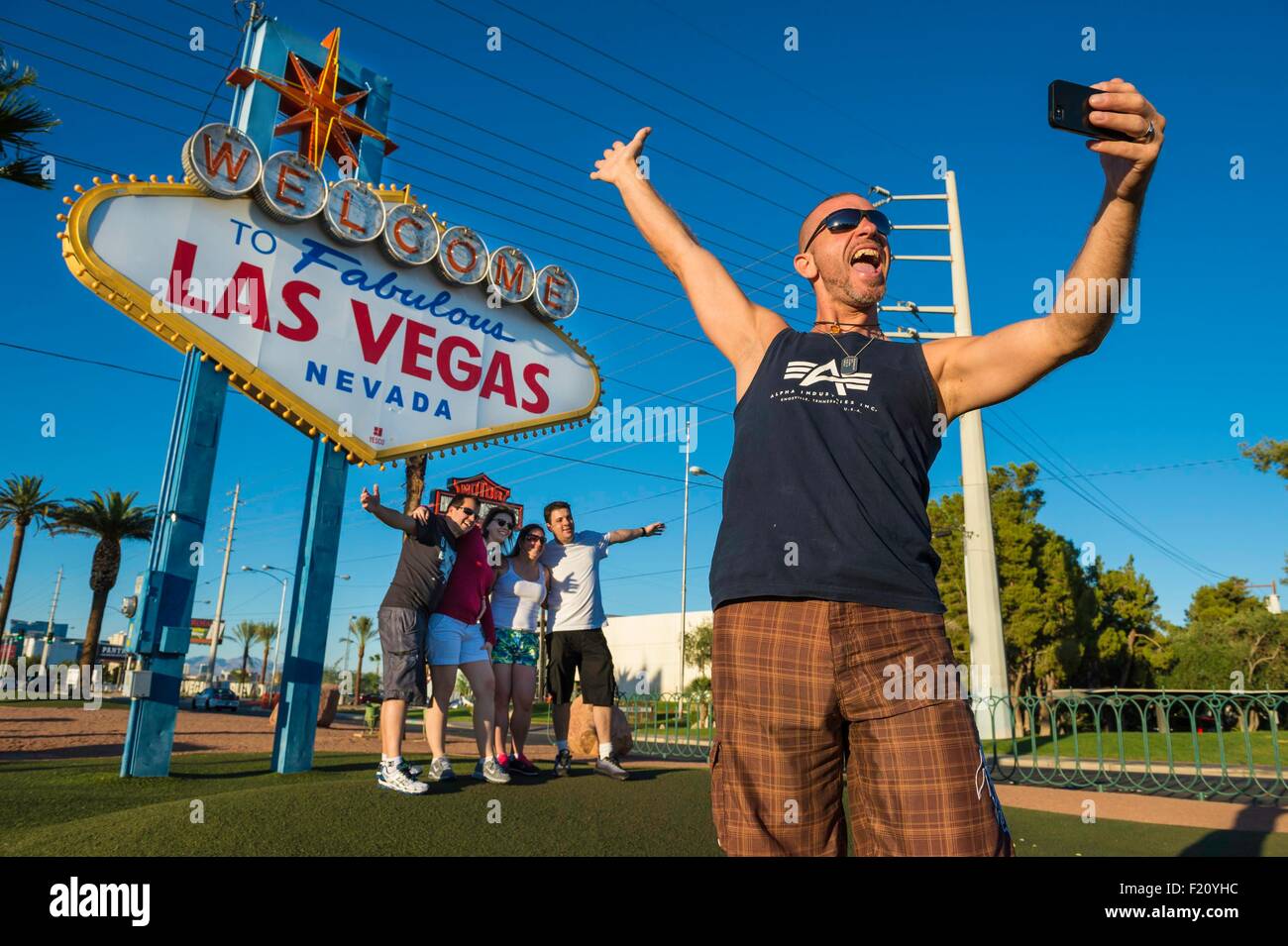 United States, Nevada, the Strip, Las Vegas sign on Las Vegas Boulevard Stock Photo