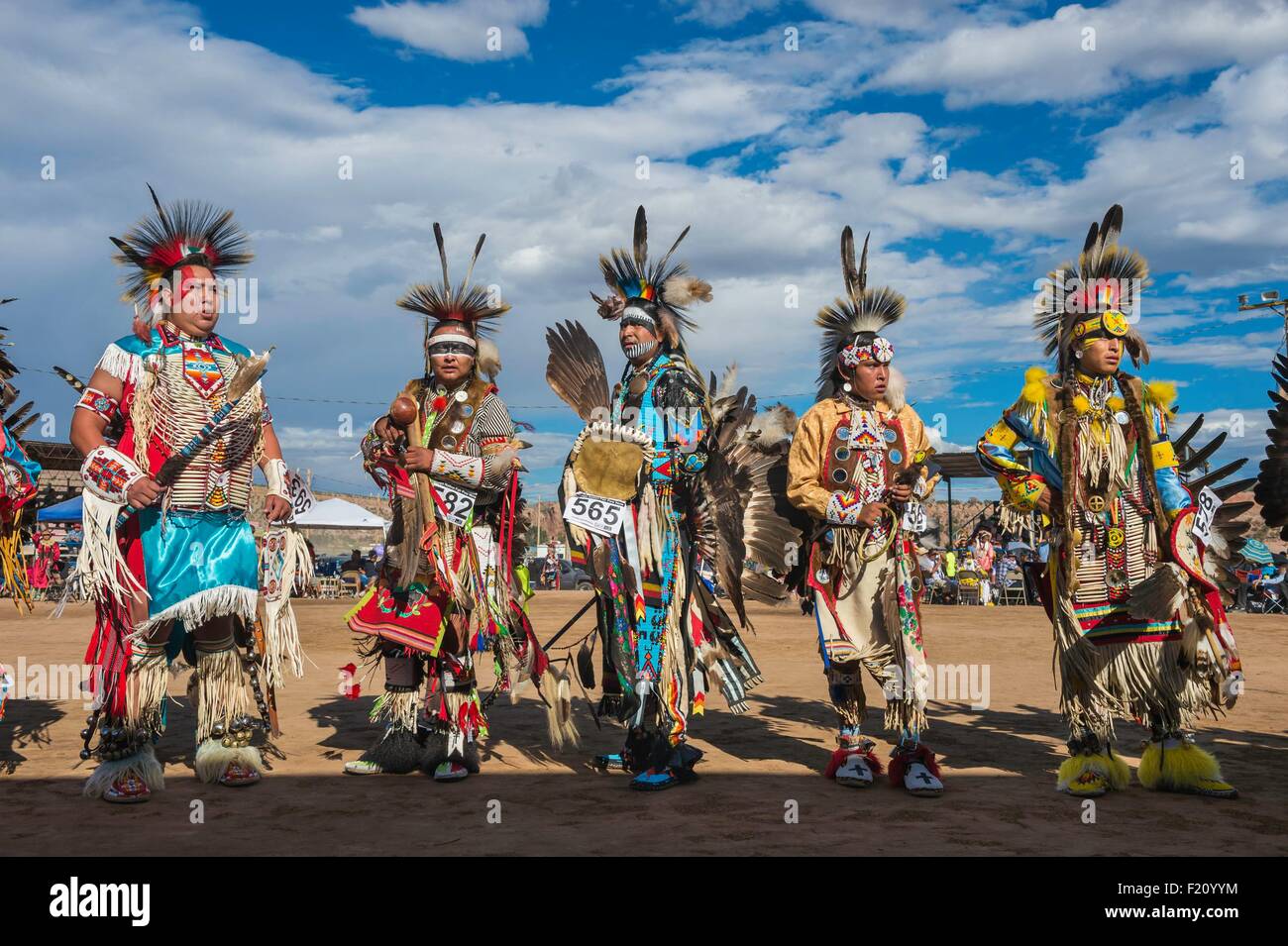 United States, Arizona, Window Rock, Festival Navajo Nation Fair, navajos dancers wearing ceremonial clothes (regalia) during a Pow Wow Stock Photo