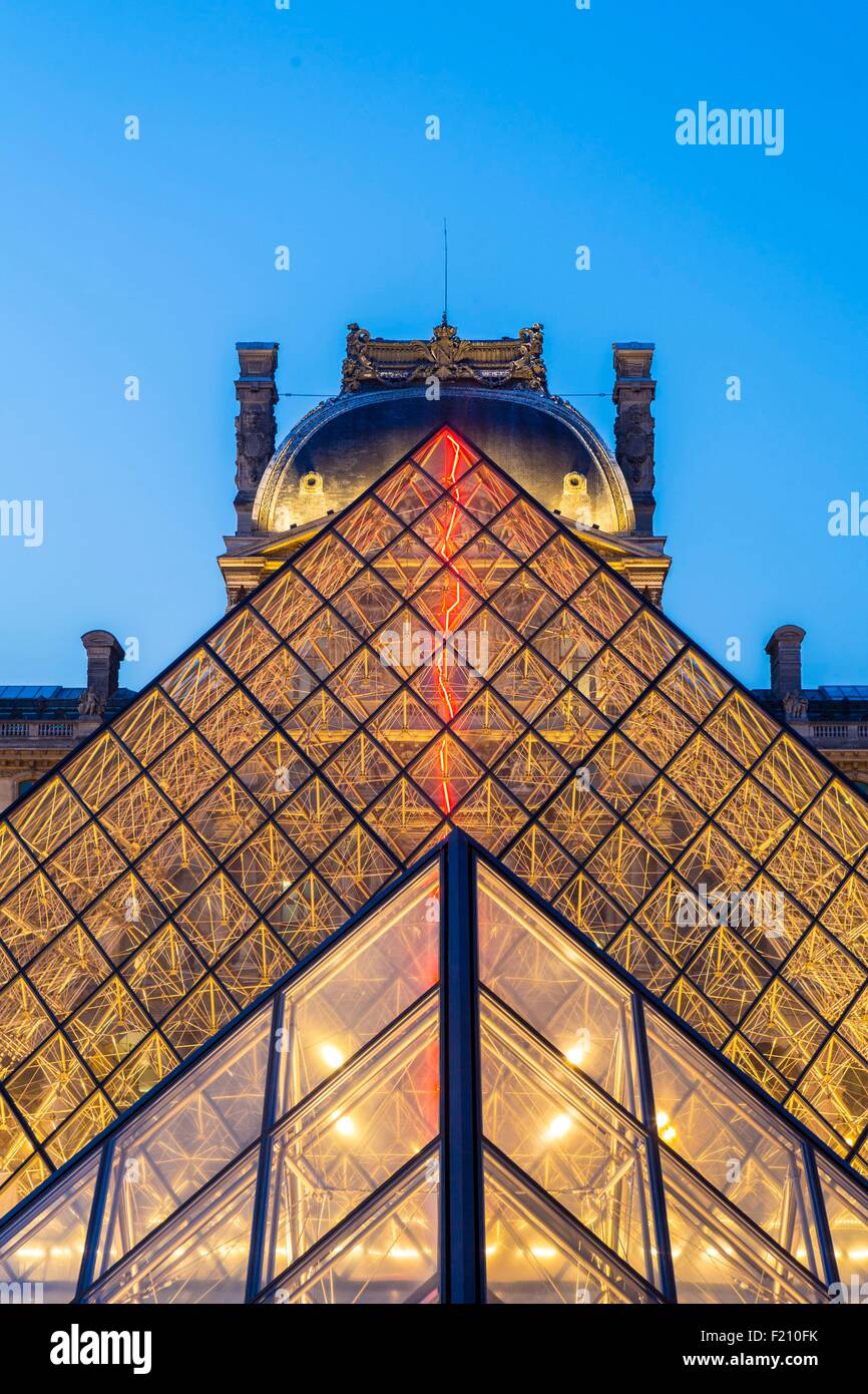 France, Paris, area listed as World Heritage by UNESCO, the Louvre Pyramid by the architect Leoh Ming Pei and the Sully pavilion Stock Photo