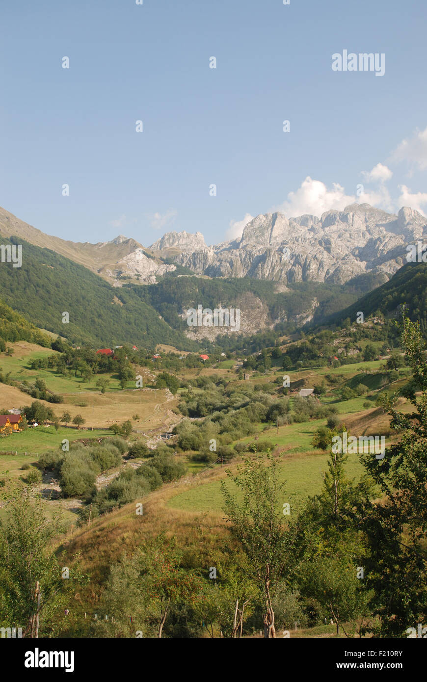 A view of the high Accursed mountains from the  Albania village of Lepushe Stock Photo