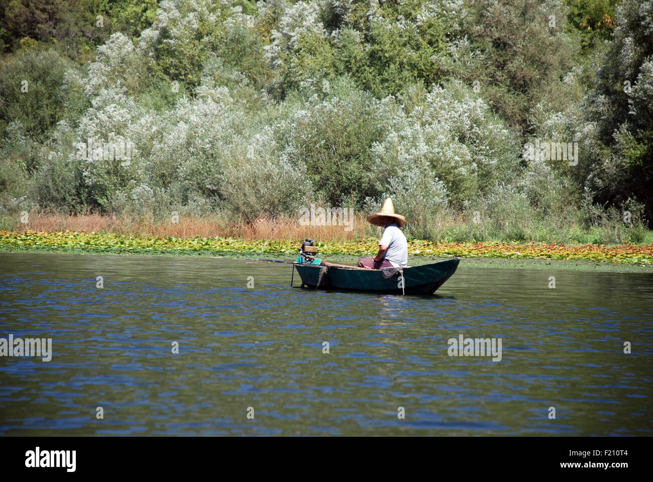 A man in a small boat fishing on Skadar lake in Montenegro Stock Photo