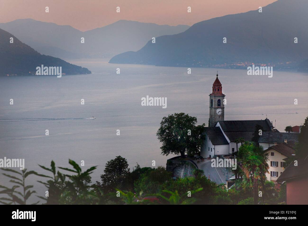Switzerland, Lake Maggiore, Ticino, Locarno district, Ronco village and the Brissago Islands and Italy in the bacground Stock Photo