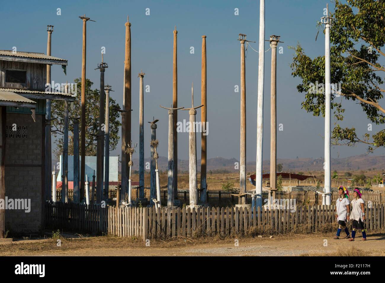 Myanmar (Burma), Kayah state, Kayan tribe (Padaung), Chikae, nats (birman spirit) poles Stock Photo