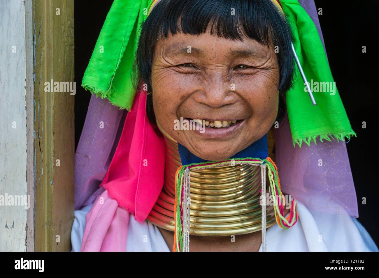 Myanmar (Burma), Kayah state, Kayan tribe (Padaung), Loikaw area, Kon Ta, Moe Su a woman named giraffe women Stock Photo