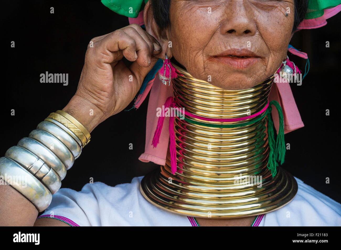 Myanmar (Burma), Kayah state, Kayan tribe (Padaung), Loikaw area, Kon Ta, Moe Ki a woman named giraffe women Stock Photo
