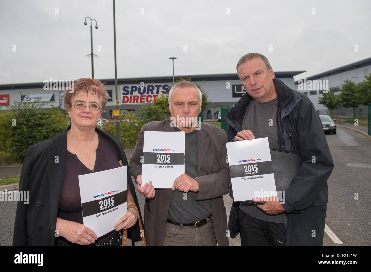 Shirebrooke, UK. 09th Sep, 2015. Shareholders and Unite members L-R Val Graham and John Dunn (Proxy voters for Hardgreaves Landsdown) and Colin Hampton (proxy vote for Share Action), outside the warehouse after attending the Annual General Meeting. Credit:  Mark Harvey/Alamy Live News Stock Photo