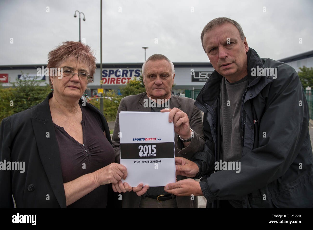 Shirebrooke, UK. 09th Sep, 2015. Shareholders and Unite members L-R Val Graham and John Dunn (Proxy voters for Hardgreaves Landsdown) and Colin Hampton (proxy vote for Share Action), outside the warehouse after attending the Annual General Meeting. Credit:  Mark Harvey/Alamy Live News Stock Photo