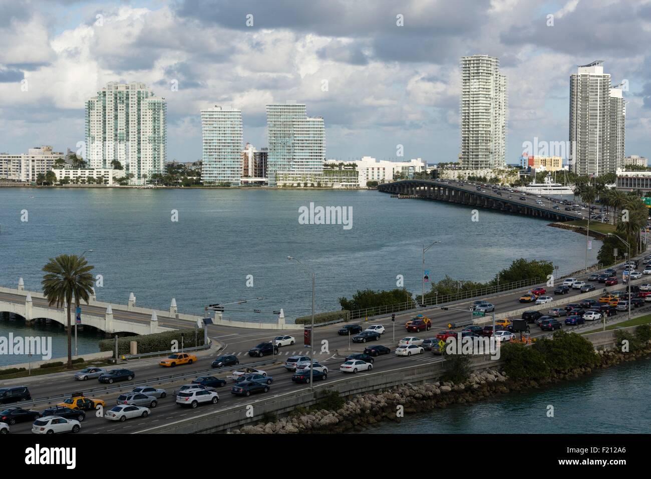 United States, Florida, Miami Beach, MacArthur Causeway and modern buildings of South Beach (aerial view) Stock Photo