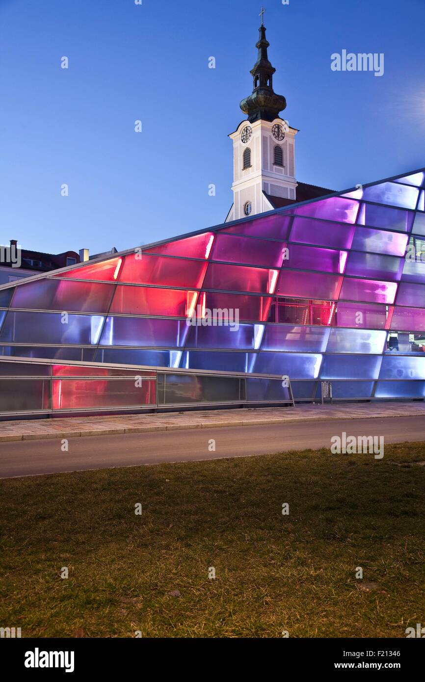 Austria, Upper Austria, Linz, Sankt Jozef Church in front of Ars Electronica Center Stock Photo