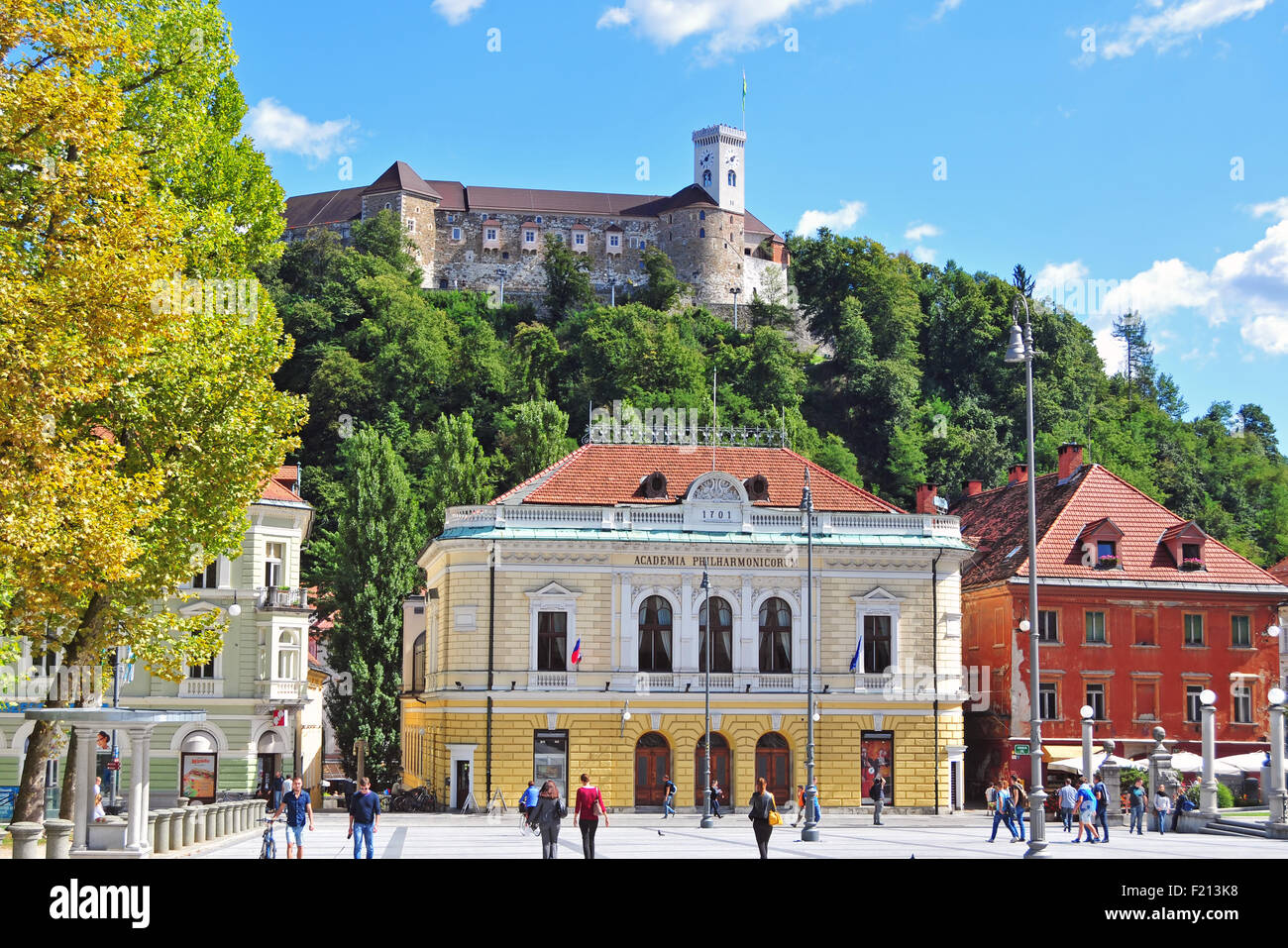 Ljubljana, Slovenia - September 7, 2015 - Congress square and Ljubljana's castle on a bright sunny day Stock Photo