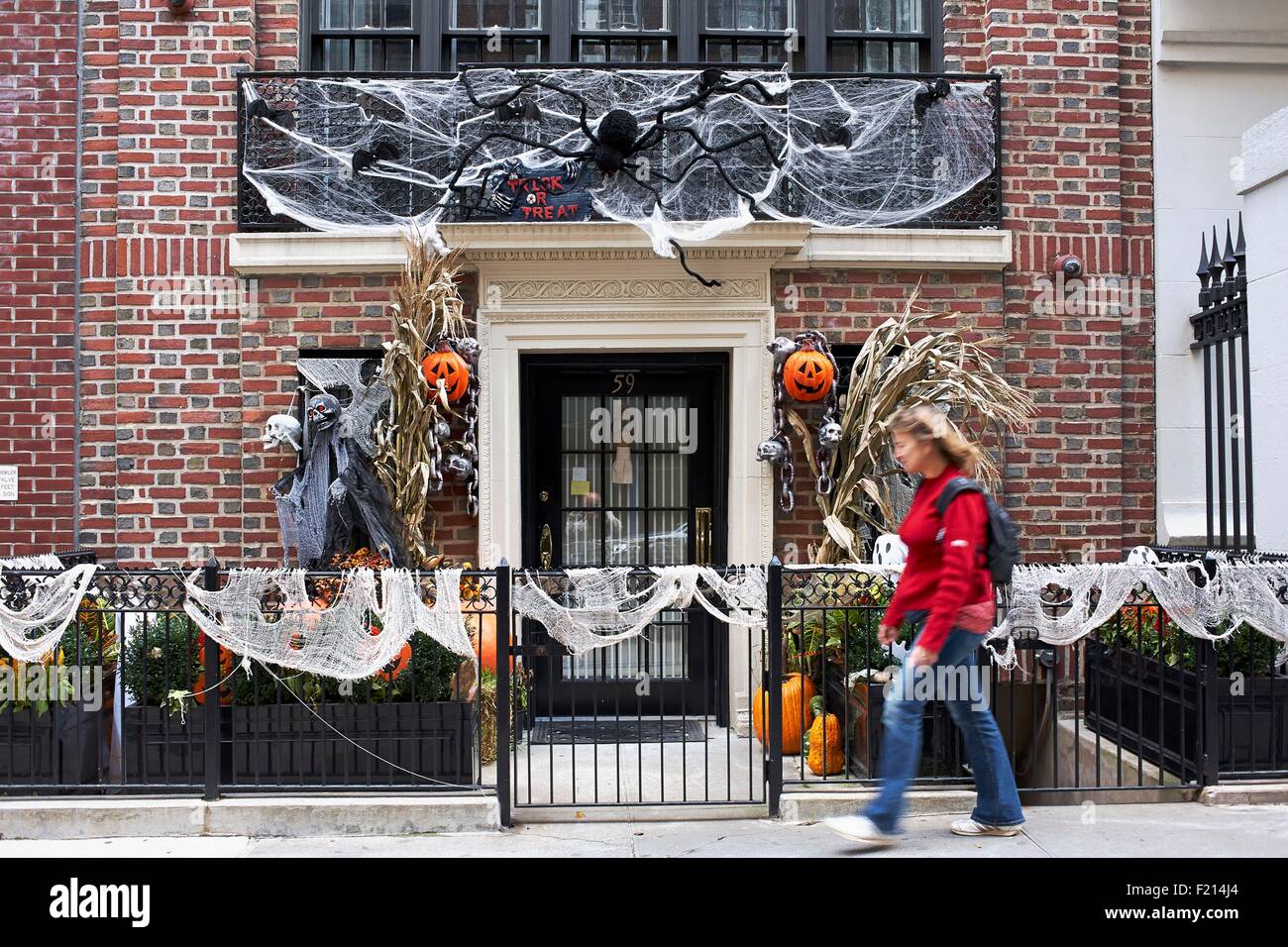 United States, New York, Manhattan, house decorated for Halloween Stock