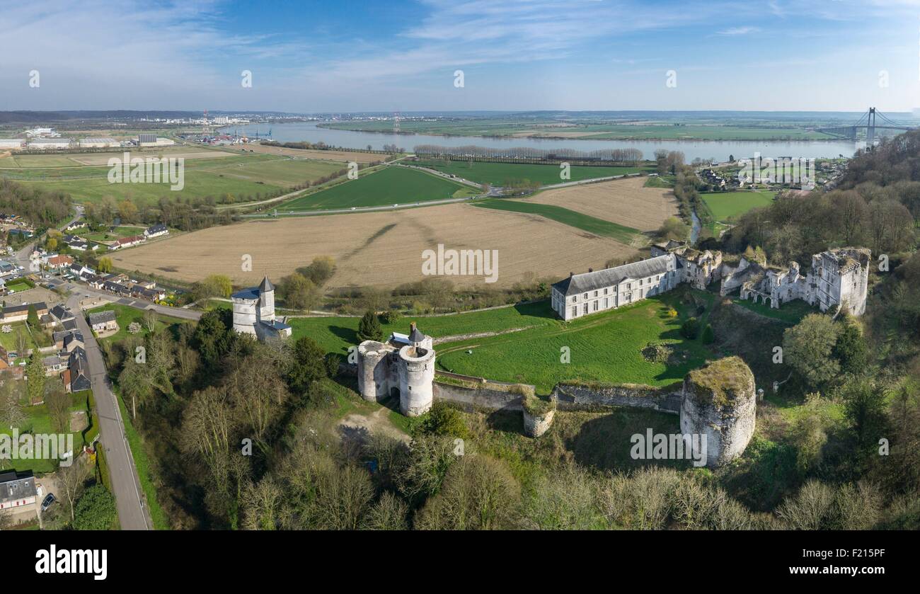 France, Seine Maritime, Tancarville, Tancarville castle, twelfth-century  fortress (aerial view Stock Photo - Alamy