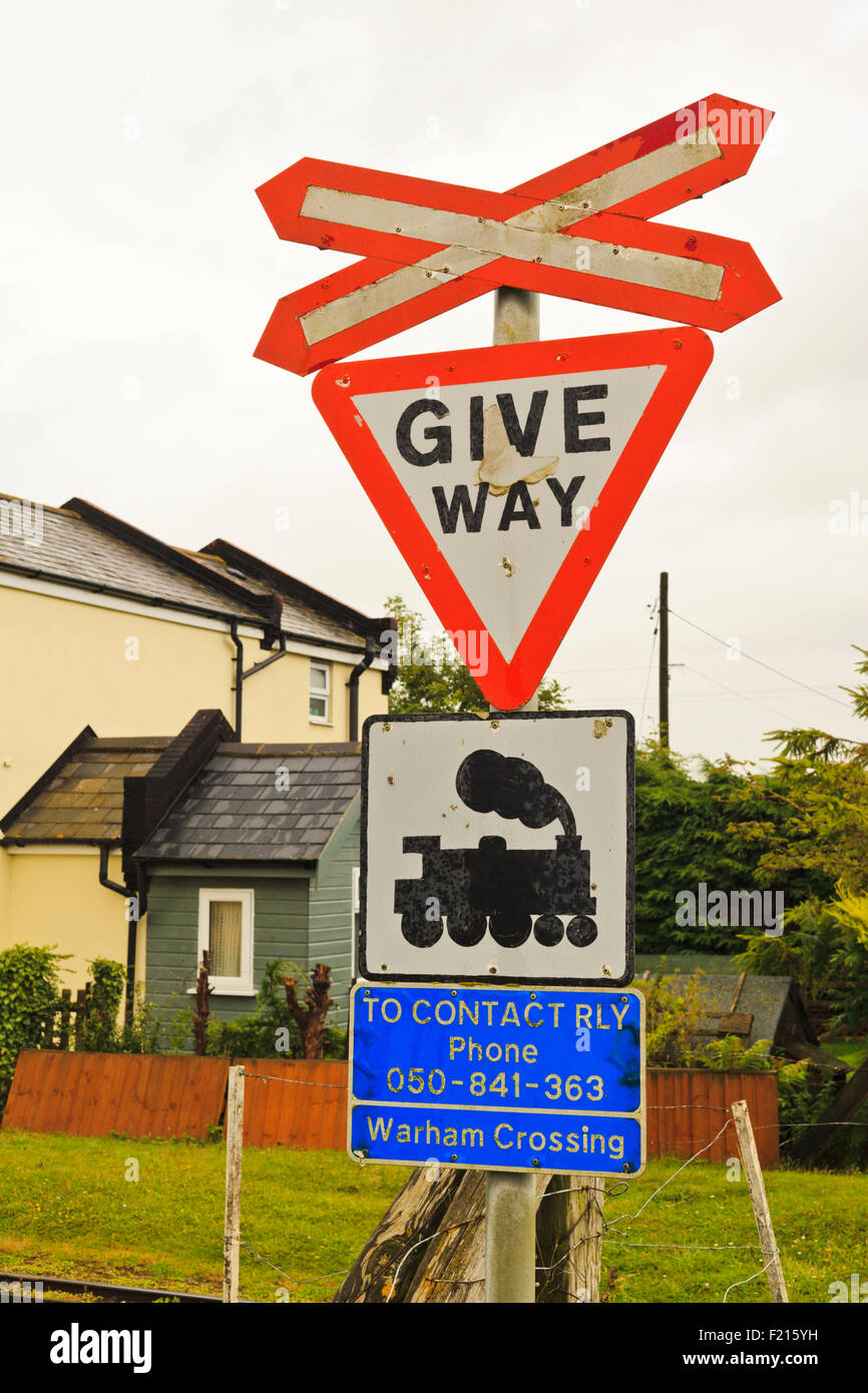 Crossing sign at Warham Crossing, part of Wells & Walsingham Light Railway in North Norfolk Stock Photo