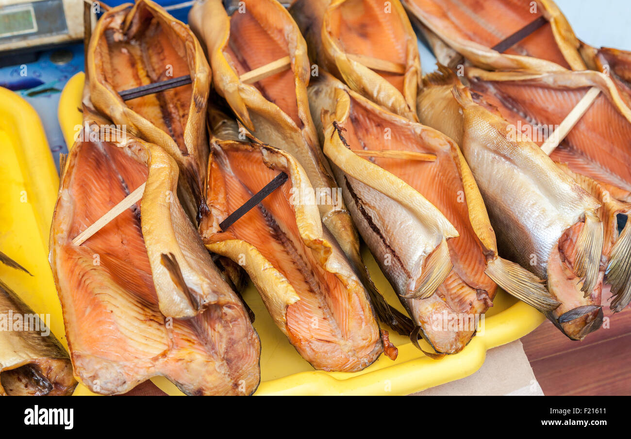 Smoked fish ready to sale at the local market Stock Photo Alamy