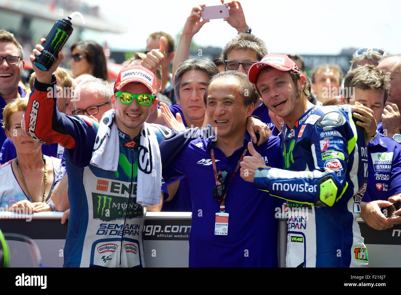 Circuit De Catalunya, Spain 14th June 2015. Movistar Yamaha MotoGP team riders Jorge Lorenzo and Valentino Rossi took the first Stock Photo