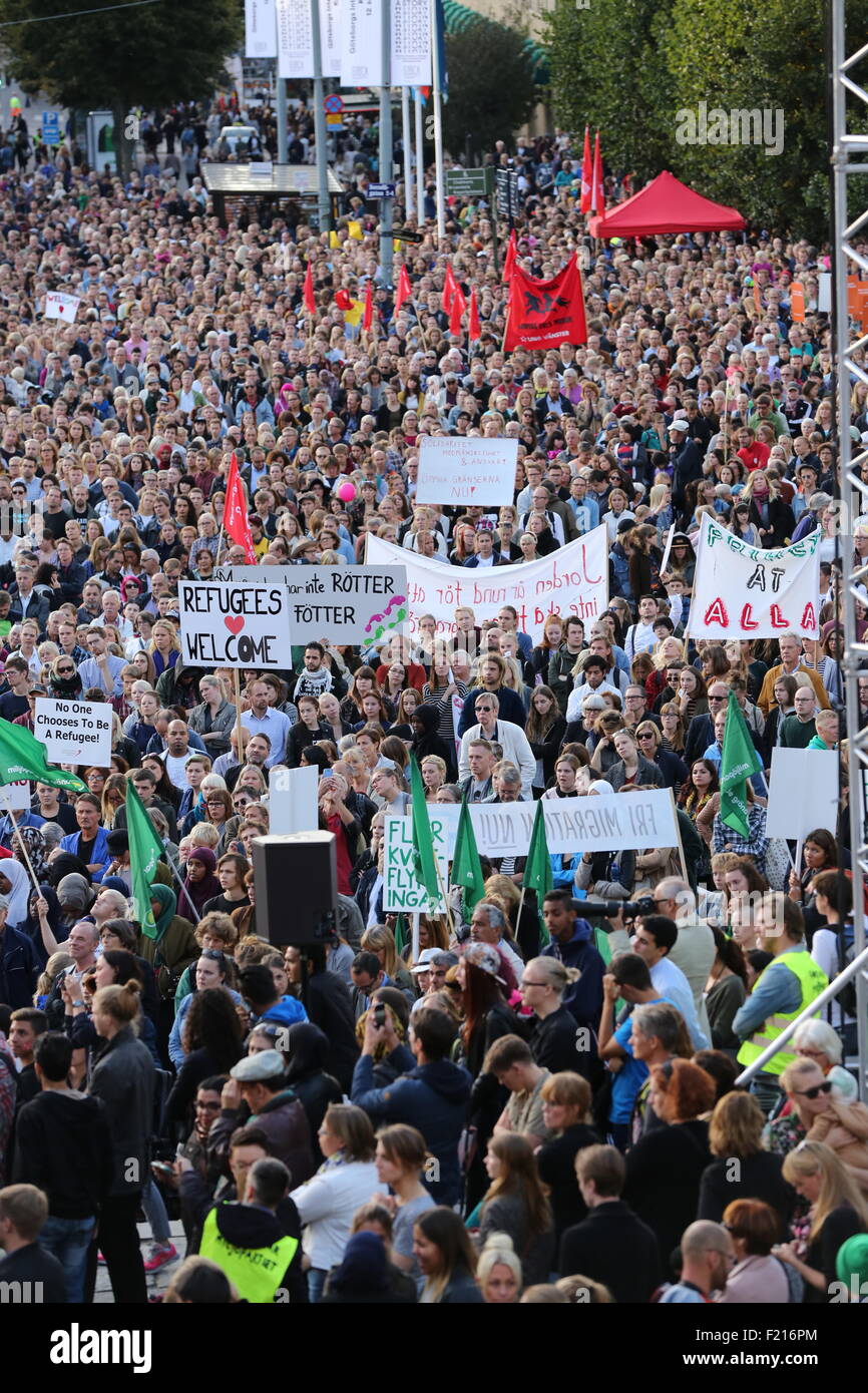 Refugees welcome. Rally in Gothenburg, Sweden on 20150909, for the abolition of deporting Syrian refugees. Stock Photo