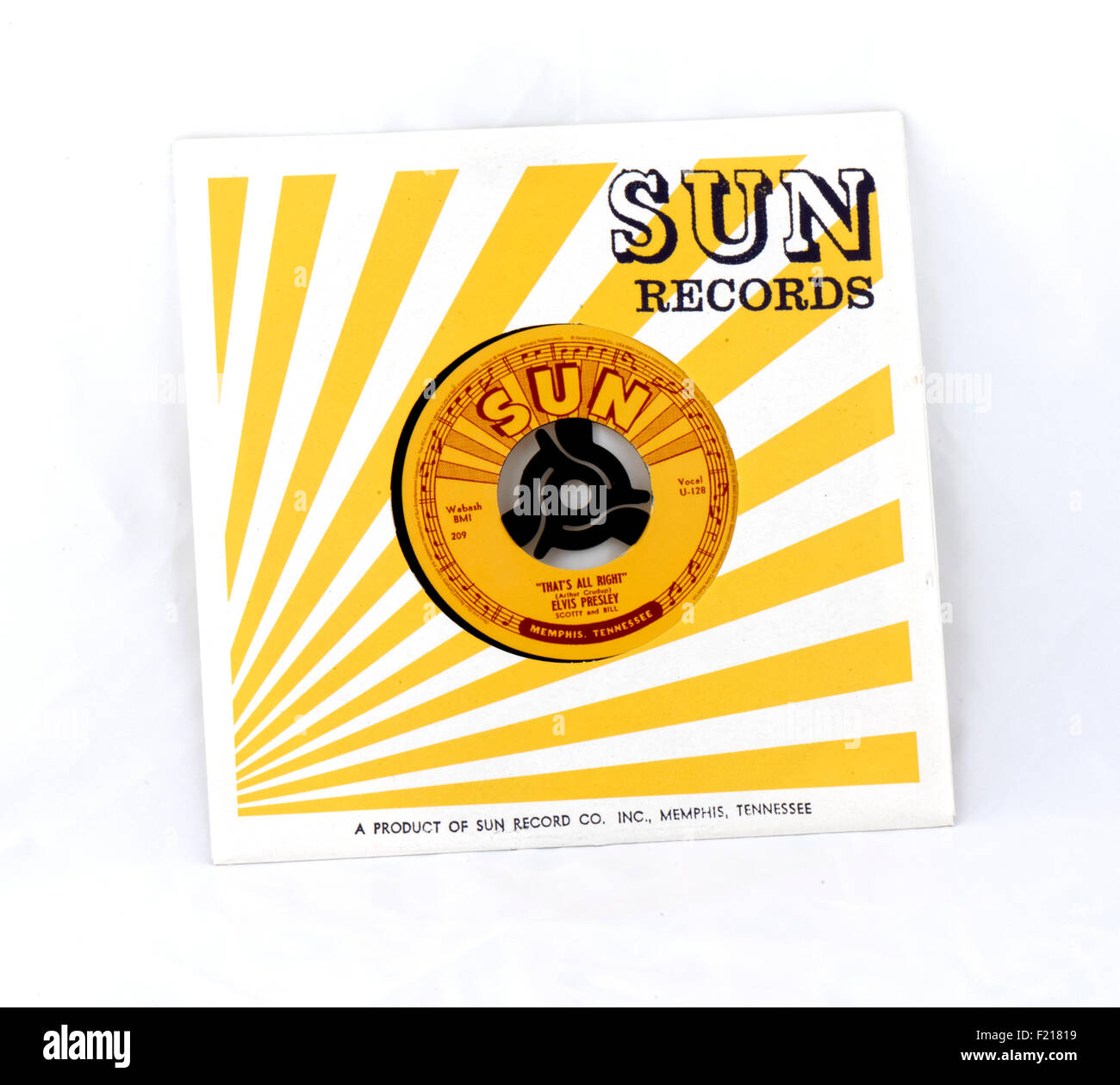 Elvis Presley 7' (seven inch) single vinyl Sun record reproduction collectors item on white background for 'That's All Right' Stock Photo