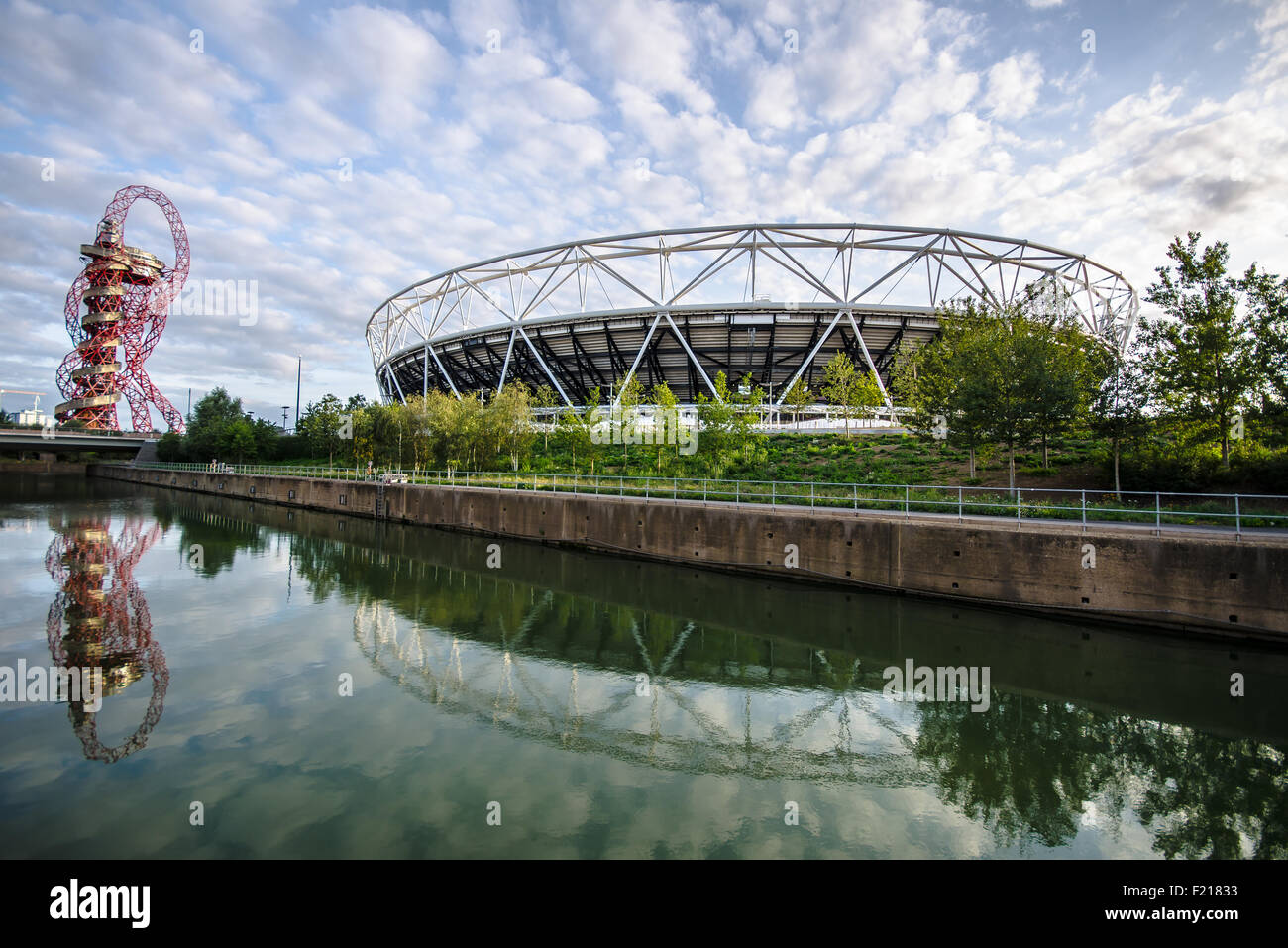 Queen Elizabeth Olympic Park, London, UK stadium, tower and canal. Built for London 2012 Olympics. Venue. Space for copy Stock Photo
