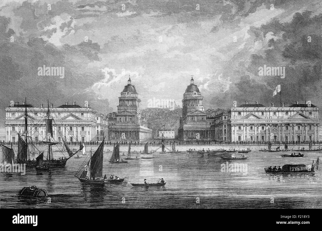 A 19th Century view of Greenwich Hospital, London, England founded in 1694 on the south bank of the river Thames on the instructions of Queen Mary II, after seeing  wounded sailors returning from the Battle of La Hogue in 1692. It became a permanent home for retired sailors of the Royal Navy, from 1692 to 1869.  The word 'hospital' was used in its original sense of a place providing hospitality for those in need of it, and did not refer to medical care, although the buildings included an infirmary constructed in the 1760s where pensioners were attended by trained medical staff. Stock Photo