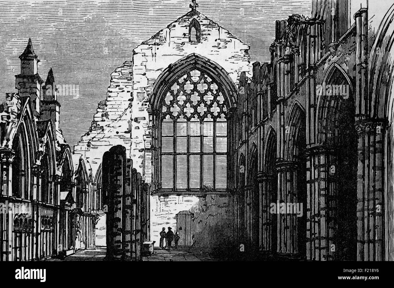 A 19th Century view of Holyrood Chapel,  founded in 1128 by King David I, plundered in 1322 by Edward II , then Richard II in 1305. Located next to the Palace of Holyroodhouse in Edinburgh, Scotland a storm in 1768 caused the roof to collapse, leaving the abbey as it currently stands. Stock Photo