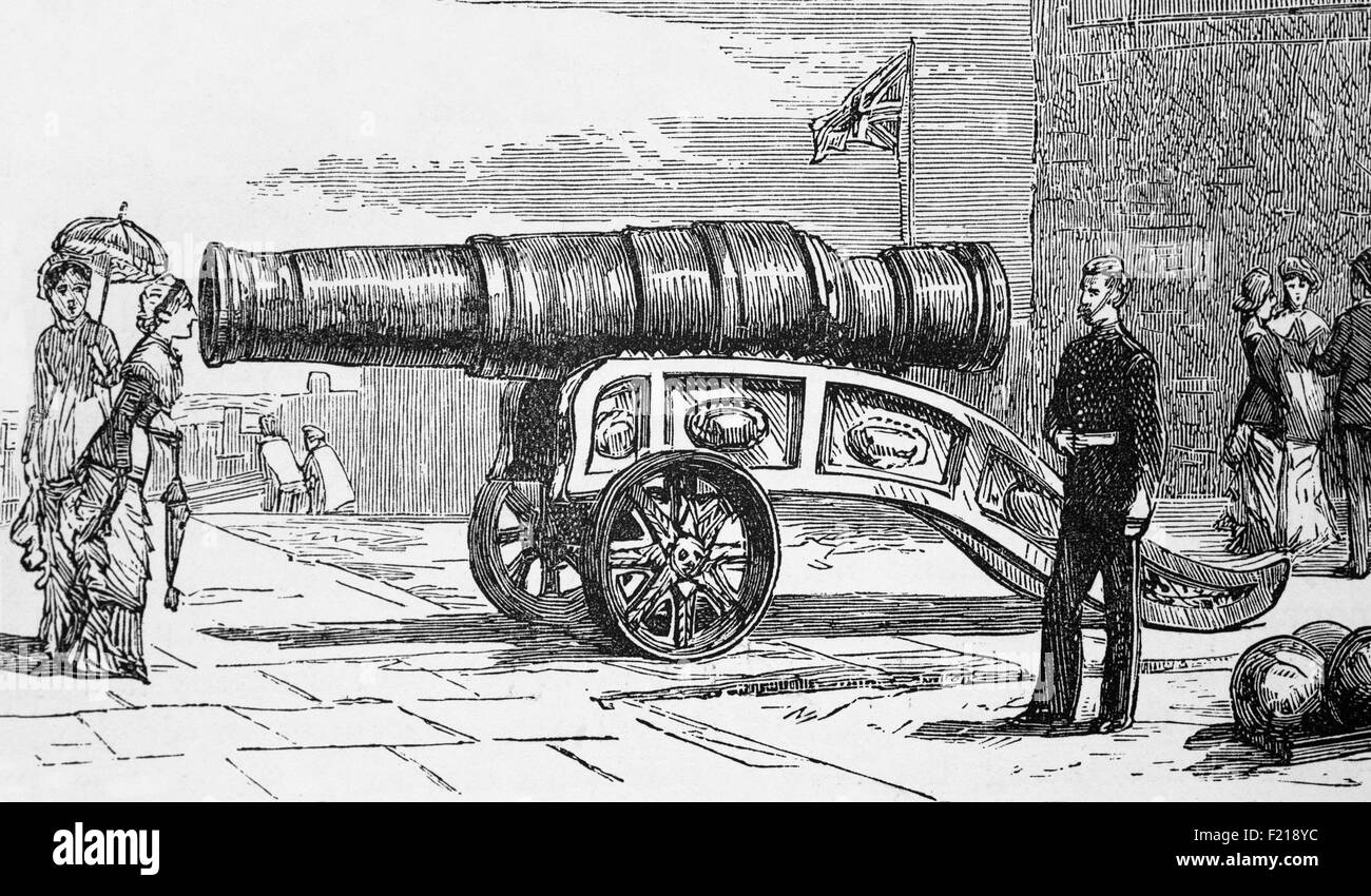 A 19th Century view of the 15th-century siege gun or bombard known as Mons Meg displayed on a terrace in front of St. Margaret's Chapel. It was constructed in the Flanders on the orders of Philip III, Duke of Burgundy in 1449, and given as a gift to King James II in 1457. The 13,000-pound gun resting on a reconstructed carriage was fired in salute to celebrate the marriage of Mary, Queen of Scots to the French dauphin, François II on 3 July 1558. The gun has been defunct since its barrel burst while firing a salute to greet the future King James VII and II, on his arrival in Edinburgh in 1681. Stock Photo