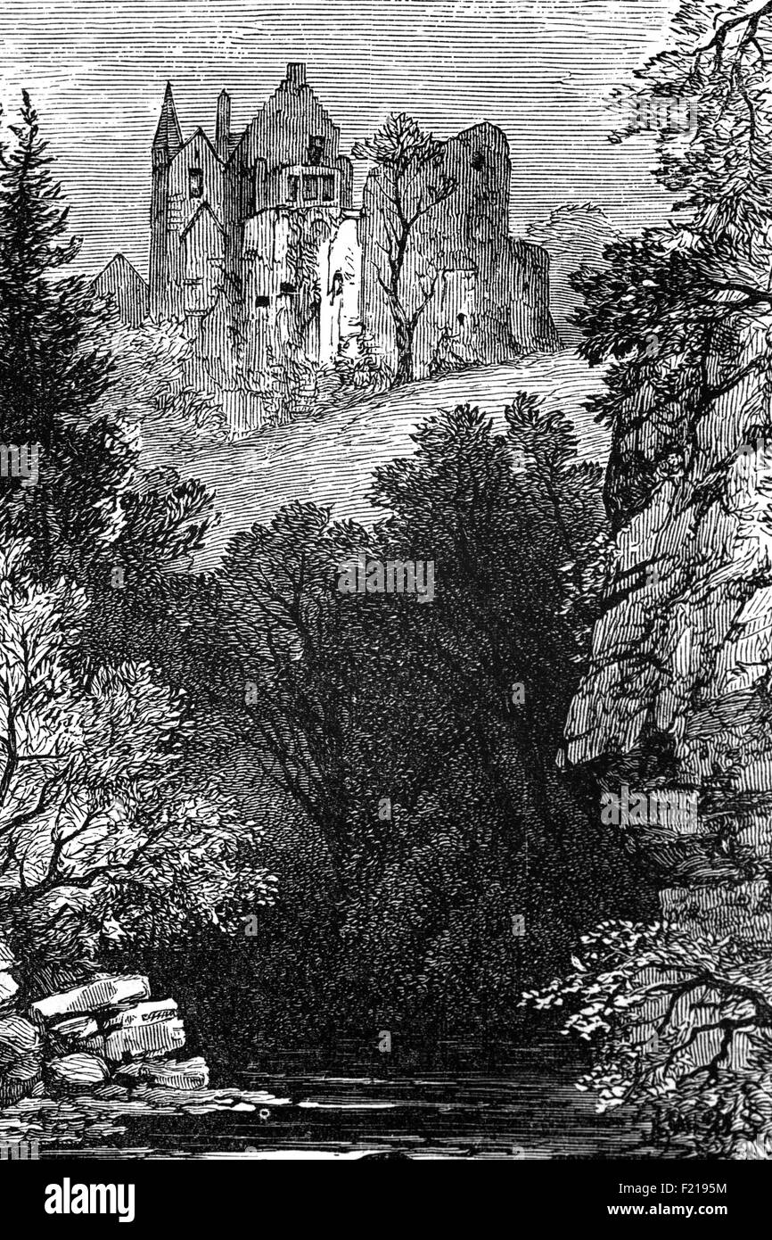 A 19th century view of Hawthornden Castle  located on the River North Esk in Midlothian, Scotland. The castle, comprising a 15th-century ruin, with a 17th-century  house attached is just downstream from Roslin Castle. The castle was sacked twice by the Earl of Hertford in 1544 and 1547 during The Rough Wooing. Stock Photo