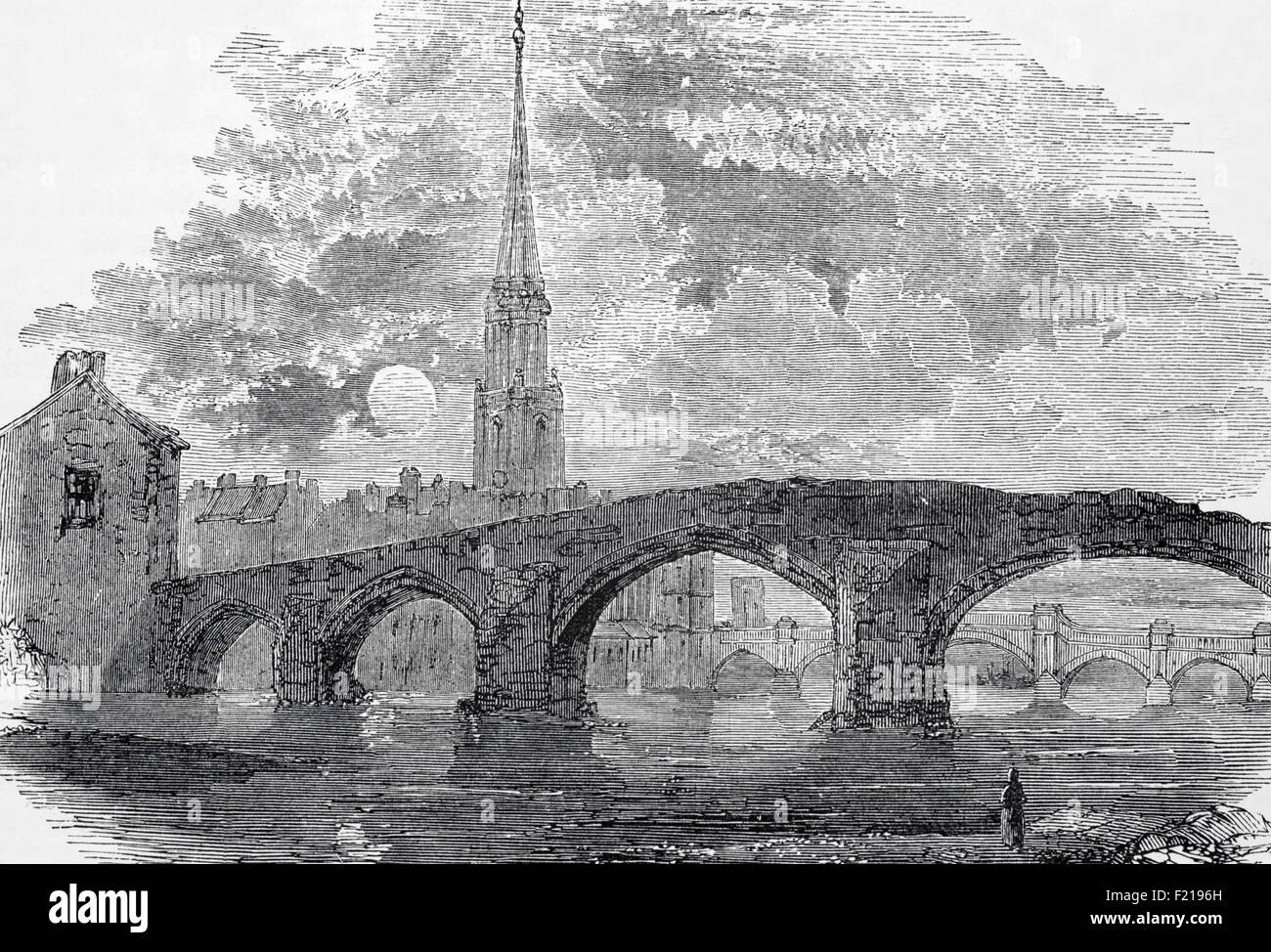 A 19th century view of the Auld Brig of Ayr built in 1470 across the River Ayr, Ayr, Scotland replaced the Timber Bridge from the 1200s. Robert Burns, wrote it would still be standing when the New Brig (built in his lifetime) was reduced to a 'shapeless cairn (stone heap)'. The so-called New Brig came down and was replaced in the 19th century, whilst the Auld Brig remains and is one of the oldest stone bridges in Scotland. Stock Photo
