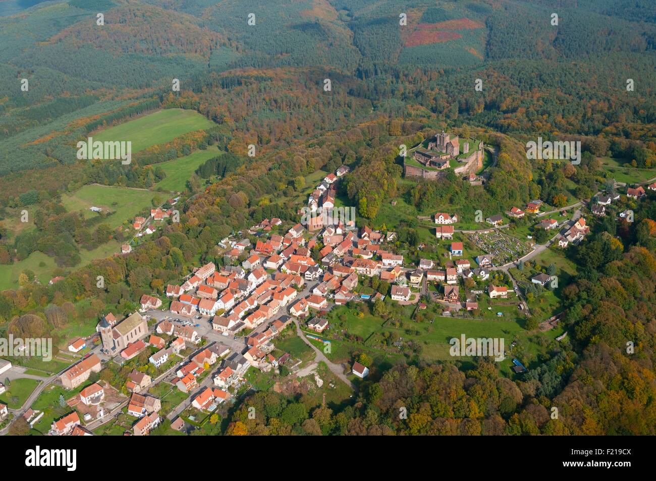 France, Bas Rhin (67), Lichtenberg village and castle (aerial view