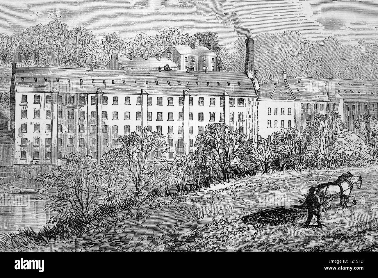 Blantyre Cotton Mill on the banks of the River Clyde where the explorer David Livingstone (1813-1873) mother and father were among the 2000 people employed in the Cotton Mills some eight miles south east of Glasgow, South Lanarkshire, Scotland. Livingstone (1813-1873)went on to become a Scottish Congregationalist pioneer medical missionary with the London Missionary Society. He became one of the most famous of the European missionaries and explorers who opened up the interior of Africa during the mid 1800s. Stock Photo