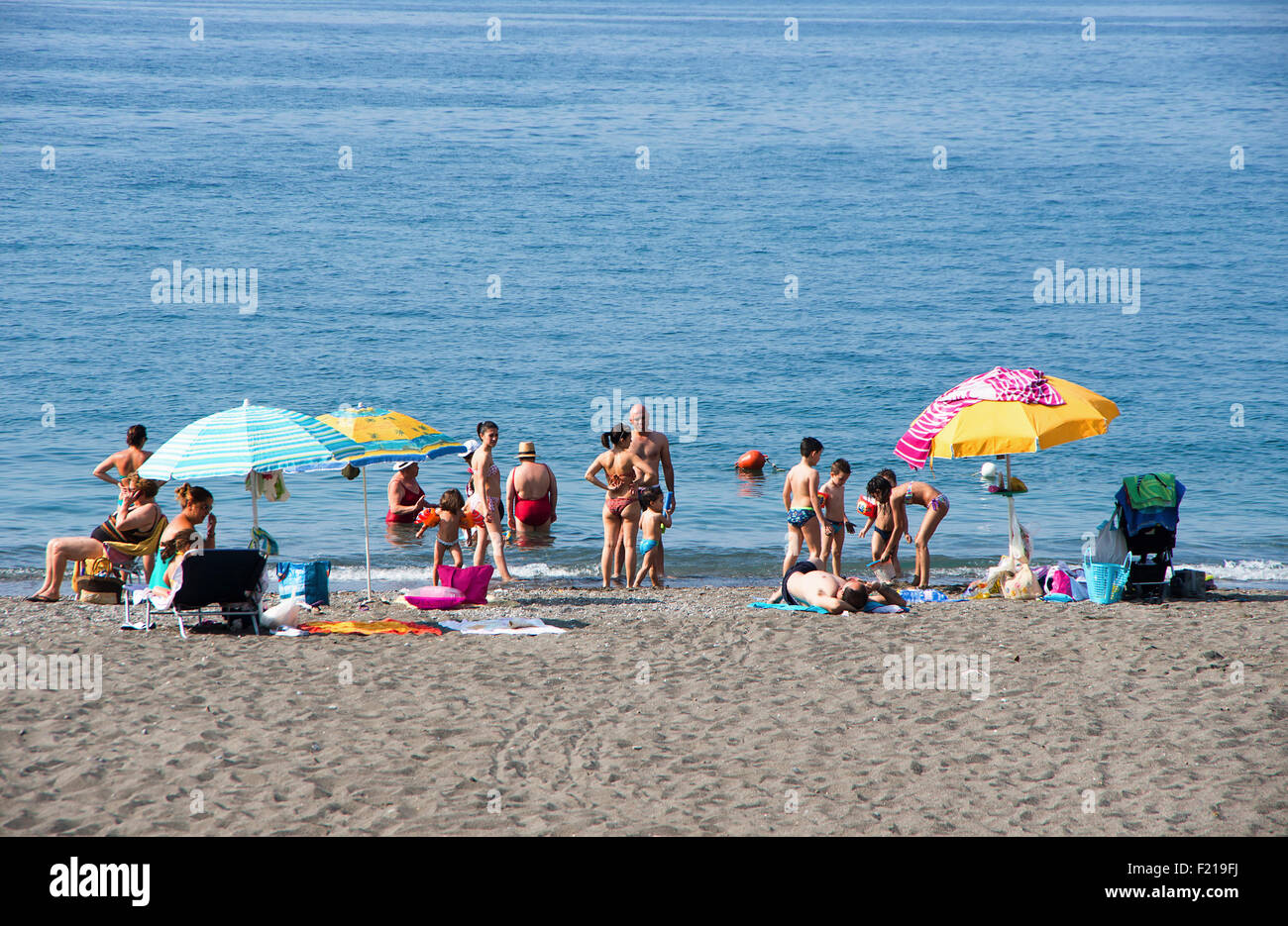 Italy, Campania, Amalfi Coast, Minori beach crowded with families Stock ...