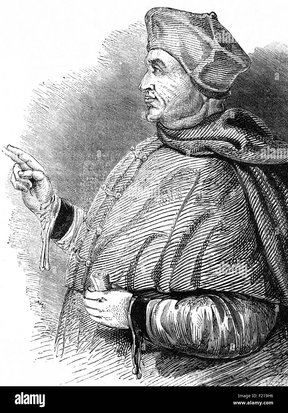 Thomas Wolsey (1473-1530) was an English political figure and cardinal of the Roman Catholic Church.  When Henry VIII became king of England in 1509, Wolsey became the King's almoner and Lord Chancellor, the King's chief adviser. England Stock Photo