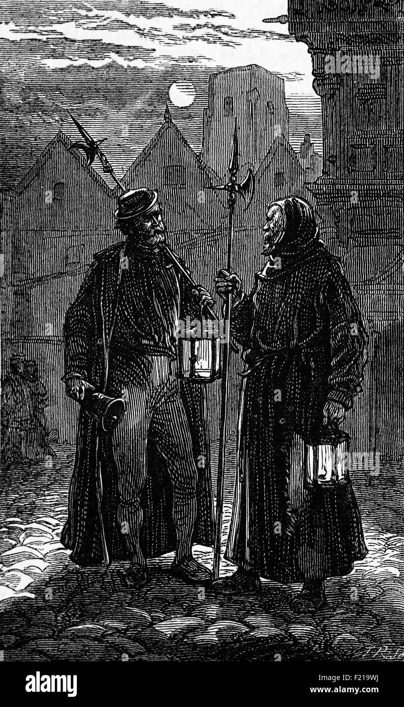 16th Century Night Watchmen during the reign of Henry VIII, London, England. Watchmen were organized groups of men, usually authorized by a state, government, city, or society, to deter criminal activity and provide law enforcement as well as traditionally perform the services of public safety, fire watch, crime prevention, crime detection, and recovery of stolen goods. Stock Photo