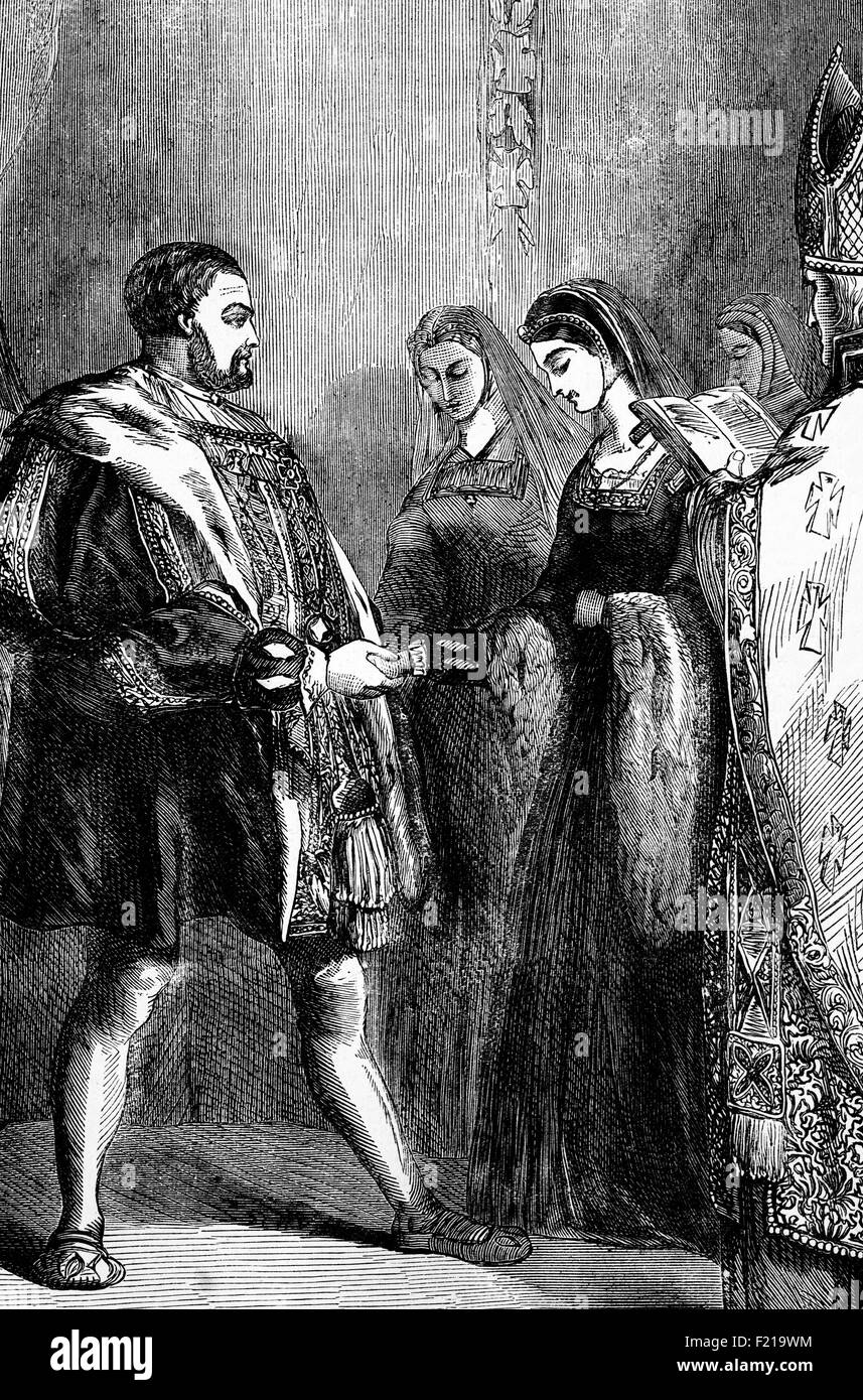 The Marriage of Henry VIII to Catherine Parr on 12 July 1543 she became  Queen of England and Ireland (1543–47), the last of the six wives of King Henry VIII, and the final queen consort of the House of Tudor. She outlived him by a year and eight months. Catherine enjoyed a close relationship with Henry's three children and was influential in Henry's passing of the Third Succession Act in 1543 that restored both his daughters, Mary and Elizabeth, to the line of succession to the throne. Stock Photo