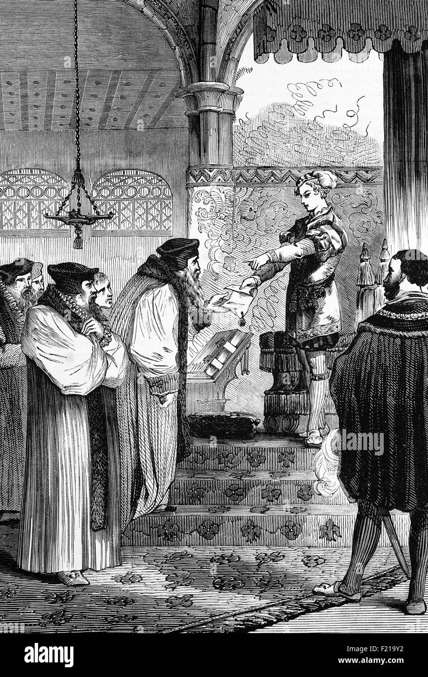 Edward VI presenting the warrant for the arrest of Joan Bocher, an English Anabaptist, to Cardinal Cranmer. Her first conflict with church and state came after she spoke against the sacrament of the altar. She was arrested as a heretic in 1548 and convicted in April 1549. During her imprisonment various well-known religious figures were enlisted to try to persuade her to recant to no avail. She was burned at the stake for heresy in Smithfield, London, 2nd  May 1550. Stock Photo