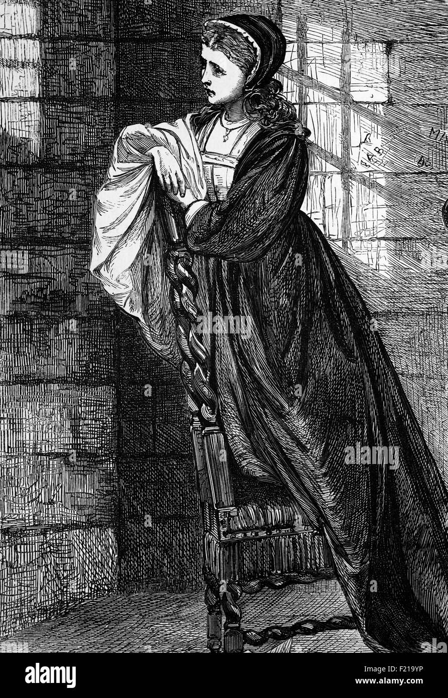 Lady Jane Grey watches her husband Lord Guildford Dudley, son of the  Duke of Northumberland pass on his way to execution. Following her time as the Nine Day Queen, they were condemned to death for high treason by Queen Mary I in November 1553. Stock Photo