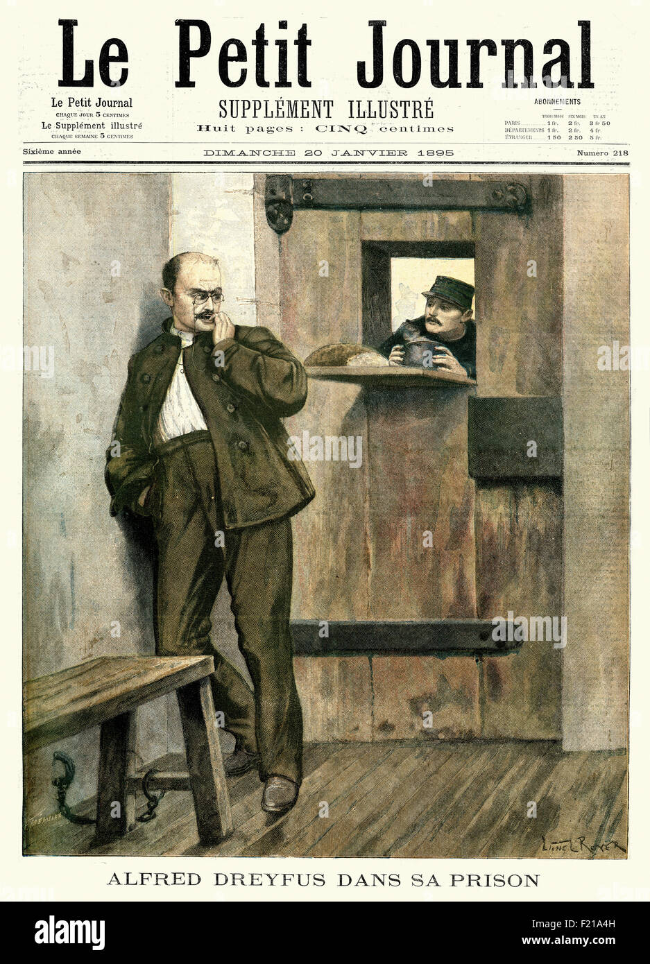 Vintage illustration showing Alfred Dreyfus in his prison cell. Alfred Dreyfus was French artillery officer of Jewish background Stock Photo