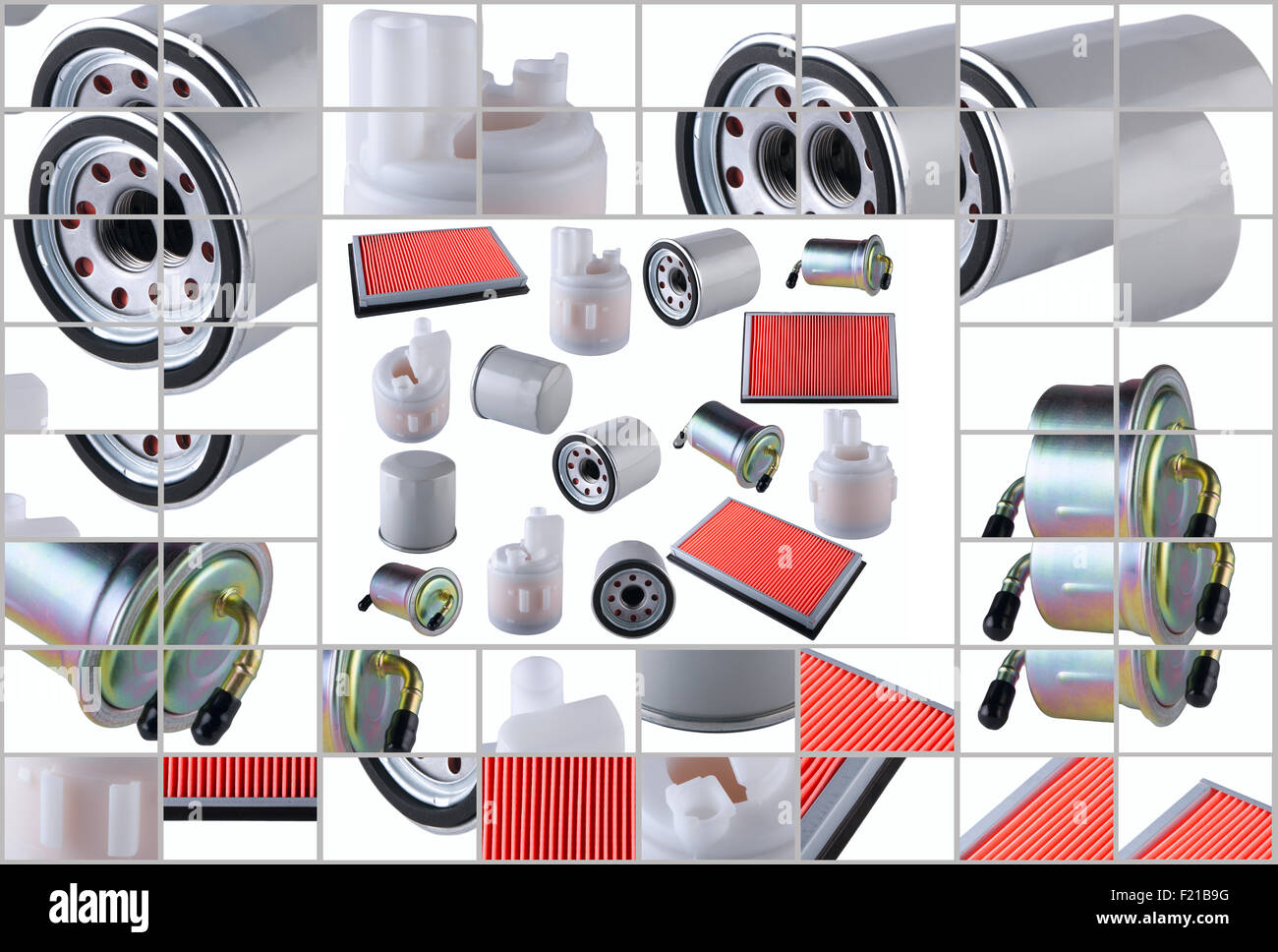 Many car filters isolated on White Background. Automobile spare part