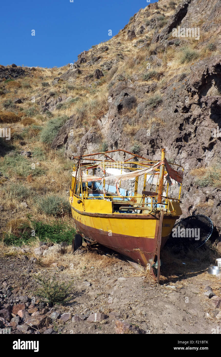 Small fishing boat on dry land Stock Photo