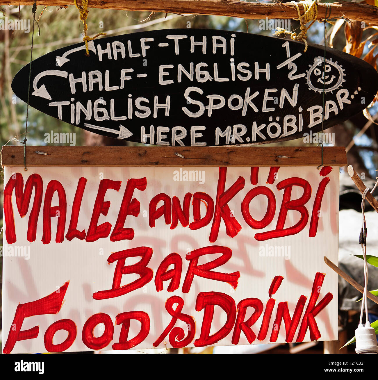 Thailand, Amusing beach bar sign: Tinglish; half-Thai, half-English spoken. Stock Photo