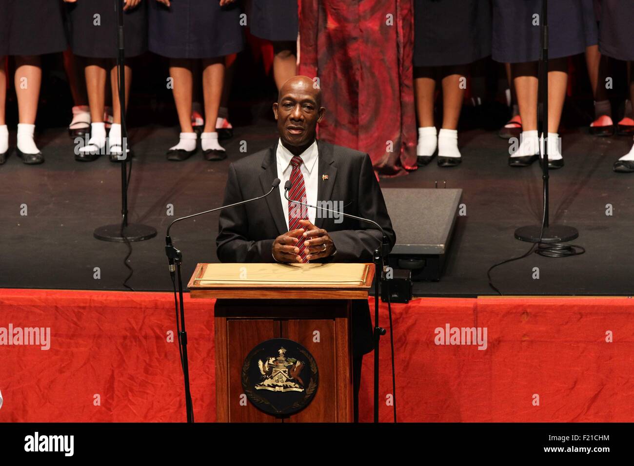Port Of Spain, Trinidad and Tobago. 9th Sep, 2015. Trinidad and Tobago's People's National Movement (PNM) leader Keith Rowley, delivers a speech during his swearing-in ceremony as the country's new prime minister in Port of Spain, capital of Trinidad and Tobago, on Sept. 9, 2015. Trinidad and Tobago's People's National Movement (PNM) leader Keith Rowley was sworn in Wednesday as the country's new prime minister by President Anthony Carmona in a ceremony held here. © Gao Xing/Xinhua/Alamy Live News Stock Photo