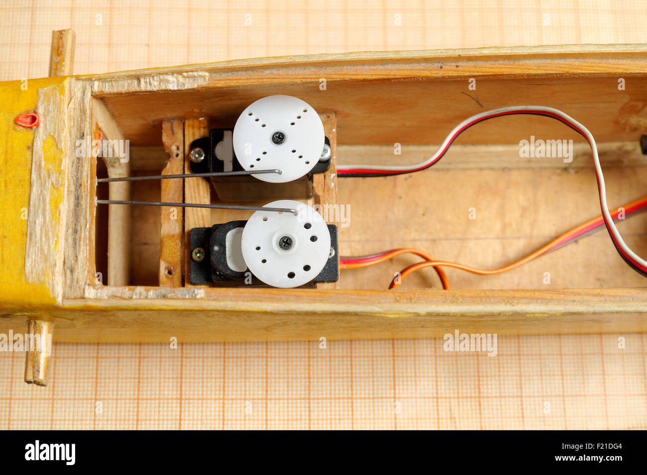 servos in the opened electrical RC glider model Stock Photo