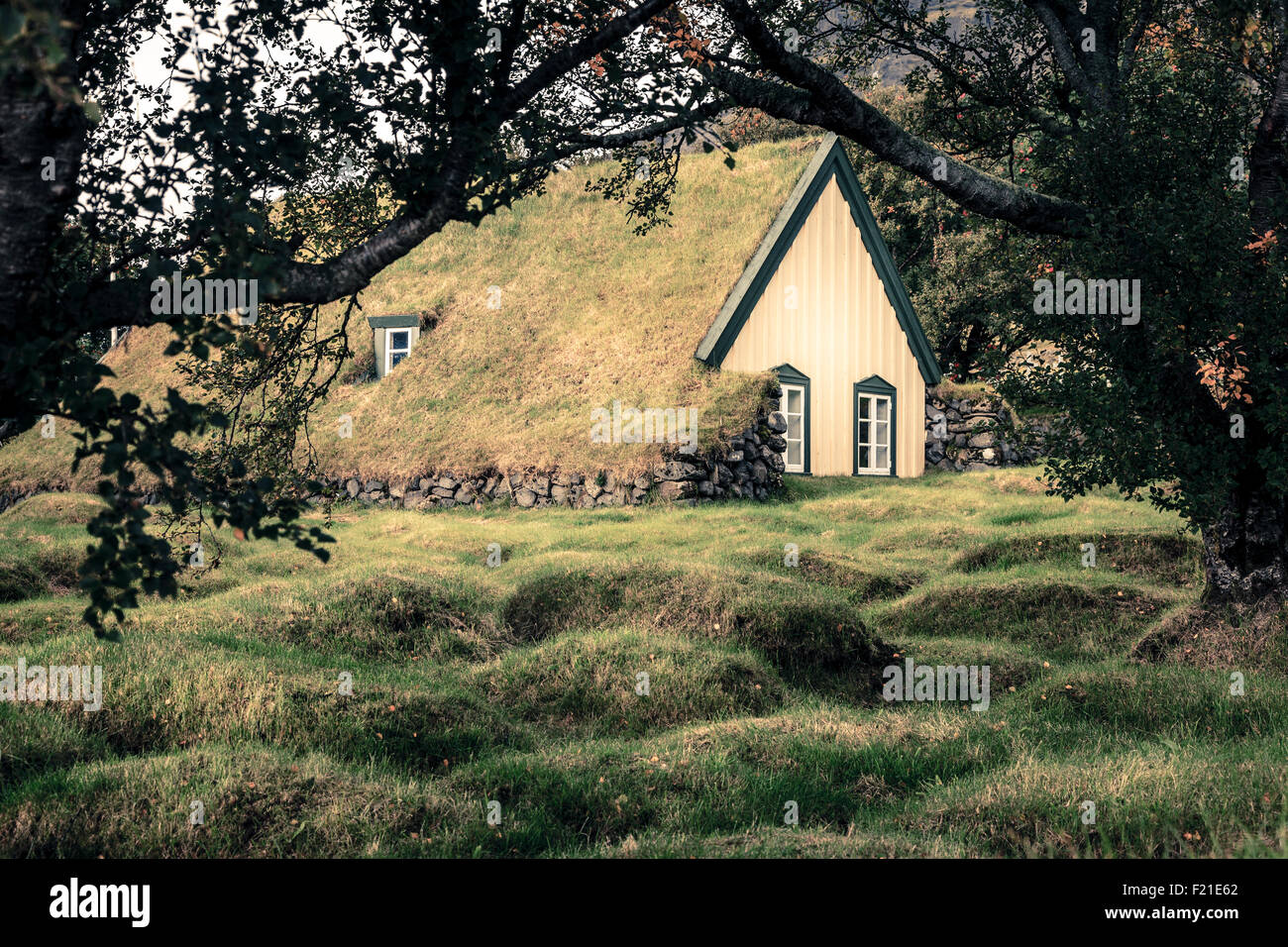 Hofskirkja - a small turf-top church and graveyard in Hof, Iceland Stock Photo