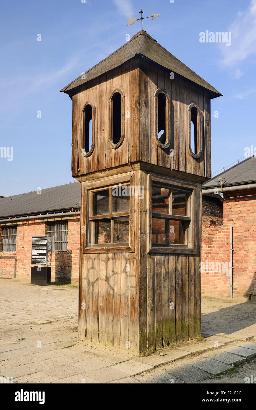 Poland, Auschwitz-Birkenau State Museum, Auschwicz Concentration Camp, Assembly Square with SS guards booth. Stock Photo